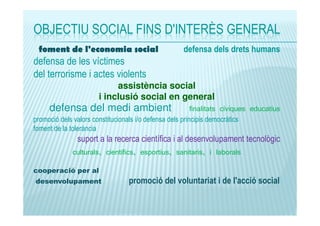 OBJECTIU SOCIAL FINS D'INTERÈS GENERAL
foment de l'economia social

defensa dels drets humans

defensa de les víctimes
del terrorisme i actes violents
assistència social
i inclusió social en general

defensa del medi ambient

finalitats cíviques educatius

promoció dels valors constitucionals i/o defensa dels principis democràtics
foment de la tolerància

suport a la recerca científica i al desenvolupament tecnològic

culturals, científics, esportius, sanitaris, i laborals
cooperació per al
desenvolupament

promoció del voluntariat i de l'acció social

 