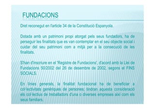 FUNDACIONS
Dret reconegut en l'article 34 de la Constitució Espanyola.
Dotada amb un patrimoni propi atorgat pels seus fundadors, ha de
perseguir les finalitats que es van contemplar en el seu objecte social i
cuidar del seu patrimoni com a mitjà per a la consecució de les
finalitats.
S'han d'inscriure en el 'Registre de Fundacions', d'acord amb la Llei de
Fundacions 50/2002 del 26 de desembre de 2002, segons el FINS
SOCIALS.
En línies generals, la finalitat fundacional ha de beneficiar a
col lectivitats genèriques de persones; tindran aquesta consideració
els col lectius de treballadors d'una o diverses empreses així com els
seus familiars.

 