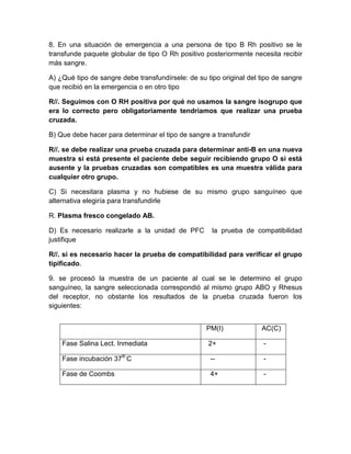8. En una situación de emergencia a una persona de tipo B Rh positivo se le
transfunde paquete globular de tipo O Rh positivo posteriormente necesita recibir
más sangre.
A) ¿Qué tipo de sangre debe transfundírsele: de su tipo original del tipo de sangre
que recibió en la emergencia o en otro tipo
R//. Seguimos con O RH positiva por qué no usamos la sangre isogrupo que
era lo correcto pero obligatoriamente tendríamos que realizar una prueba
cruzada.
B) Que debe hacer para determinar el tipo de sangre a transfundir
R//. se debe realizar una prueba cruzada para determinar anti-B en una nueva
muestra si está presente el paciente debe seguir recibiendo grupo O si está
ausente y la pruebas cruzadas son compatibles es una muestra válida para
cualquier otro grupo.
C) Si necesitara plasma y no hubiese de su mismo grupo sanguíneo que
alternativa elegiría para transfundirle
R. Plasma fresco congelado AB.
D) Es necesario realizarle a la unidad de PFC la prueba de compatibilidad
justifique
R//. si es necesario hacer la prueba de compatibilidad para verificar el grupo
tipificado.
9. se procesó la muestra de un paciente al cual se le determino el grupo
sanguíneo, la sangre seleccionada correspondió al mismo grupo ABO y Rhesus
del receptor, no obstante los resultados de la prueba cruzada fueron los
siguientes:
PM(I) AC(C)
Fase Salina Lect. Inmediata 2+ -
Fase incubación 37®
C -- -
Fase de Coombs 4+ -
 