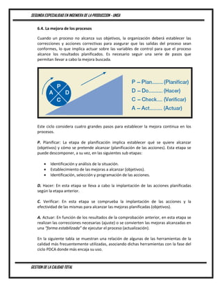SEGUNDA ESPECIALIDAD EN INGENIERA DE LA PRODUCCION - UNSA
GESTION DE LA CALIDAD TOTAL
6.4. La mejora de los procesos
Cuando un proceso no alcanza sus objetivos, la organización deberá establecer las
correcciones y acciones correctivas para asegurar que las salidas del proceso sean
conformes, lo que implica actuar sobre las variables de control para que el proceso
alcance los resultados planificados. Es necesario seguir una serie de pasos que
permitan llevar a cabo la mejora buscada.
Este ciclo considera cuatro grandes pasos para establecer la mejora continua en los
procesos.
P. Planificar: La etapa de planificación implica establecer qué se quiere alcanzar
(objetivos) y cómo se pretende alcanzar (planificación de las acciones). Esta etapa se
puede descomponer, a su vez, en las siguientes sub etapas:
 Identificación y análisis de la situación.
 Establecimiento de las mejoras a alcanzar (objetivos).
 Identificación, selección y programación de las acciones.
D. Hacer: En esta etapa se lleva a cabo la implantación de las acciones planificadas
según la etapa anterior.
C. Verificar: En esta etapa se comprueba la implantación de las acciones y la
efectividad de las mismas para alcanzar las mejoras planificadas (objetivos).
A. Actuar: En función de los resultados de la comprobación anterior, en esta etapa se
realizan las correcciones necesarias (ajuste) o se convierten las mejoras alcanzadas en
una “forma estabilizada” de ejecutar el proceso (actualización).
En la siguiente tabla se muestran una relación de algunas de las herramientas de la
calidad más frecuentemente utilizadas, asociando dichas herramientas con la fase del
ciclo PDCA donde más encaja su uso.
 