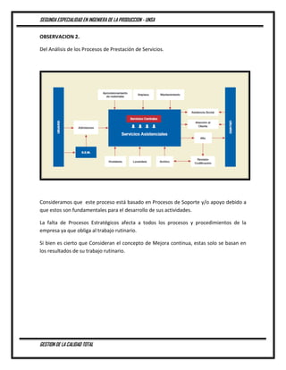 SEGUNDA ESPECIALIDAD EN INGENIERA DE LA PRODUCCION - UNSA
GESTION DE LA CALIDAD TOTAL
OBSERVACION 2.
Del Análisis de los Procesos de Prestación de Servicios.
Consideramos que este proceso está basado en Procesos de Soporte y/o apoyo debido a
que estos son fundamentales para el desarrollo de sus actividades.
La falta de Procesos Estratégicos afecta a todos los procesos y procedimientos de la
empresa ya que obliga al trabajo rutinario.
Si bien es cierto que Consideran el concepto de Mejora continua, estas solo se basan en
los resultados de su trabajo rutinario.
 