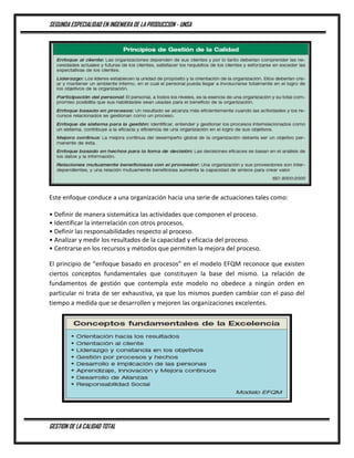 SEGUNDA ESPECIALIDAD EN INGENIERA DE LA PRODUCCION - UNSA
GESTION DE LA CALIDAD TOTAL
Este enfoque conduce a una organización hacia una serie de actuaciones tales como:
• Definir de manera sistemática las actividades que componen el proceso.
• Identificar la interrelación con otros procesos.
• Definir las responsabilidades respecto al proceso.
• Analizar y medir los resultados de la capacidad y eficacia del proceso.
• Centrarse en los recursos y métodos que permiten la mejora del proceso.
El principio de “enfoque basado en procesos” en el modelo EFQM reconoce que existen
ciertos conceptos fundamentales que constituyen la base del mismo. La relación de
fundamentos de gestión que contempla este modelo no obedece a ningún orden en
particular ni trata de ser exhaustiva, ya que los mismos pueden cambiar con el paso del
tiempo a medida que se desarrollen y mejoren las organizaciones excelentes.
 