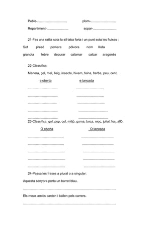 Poble-................................. plom-............................
Repartiment-........................ sopar-..........................
21-Fes una ratlla sota la síl·laba forta i un punt sota les fluixes :
Sot presó pomera pólvora nom llista
granota febre depurar calamar calcar aragonès
22-Classifica:
Manera, gel, mel, lleig, insecte, hivern, feina, herba, peu, cent.
e oberta e tancada
................................. ...............................
................................. ..............................
................................ ..............................
................................. .................................
................................. .................................
23-Classifica: gol, pop, col, mitjó, goma, boca, moc, juliol, foc, allò.
O oberta O tancada
........................................ ....................................
........................................ ...................................
......................................... ...................................
......................................... ...................................
......................................... ...................................
24-Passa les frases a plural o a singular:
Aquesta senyora porta un barret blau.
.......................................................................................................
Els meus amics canten i ballen pels carrers.
.......................................................................................................
 