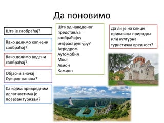 Да поновимо
Како делимо копнени
саобраћај?
Са којим привредним
делатностима је
повезан туризам?
Шта је саобраћај?
Објасни значај
Суецког канала?
Шта од наведеног
представља
саобраћајну
инфраструктуру?
Аеродром
Аутомобил
Мост
Авион
Камион
Како делимо водени
саобраћај?
Да ли је на слици
приказана природна
или културна
туристичка вредност?
 