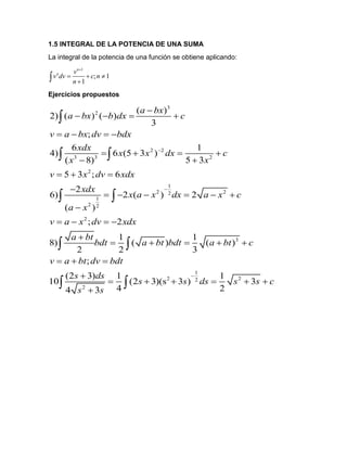 1.5 INTEGRAL DE LA POTENCIA DE UNA SUMA
La integral de la potencia de una función se obtiene aplicando:
1
; 1
1
n
n v
v dv c n
n

  

Ejercicios propuestos
3
2
2 2
3 3 2
2
1
2 22
1
2 2
2
3
( )
2) ( ) ( )
3
;
6 1
4) 6 (5 3 )
( 8) 5 3
5 3 ; 6
2
6) 2 ( ) 2
( )
; 2
1 1
8) ( ) ( )
2 2 3
;
10
a bx
a bx b dx c
v a bx dv bdx
xdx
x x dx c
x x
v x dv xdx
xdx
x a x dx a x c
a x
v a x dv xdx
a bt
bdt a bt bdt a bt c
v a bt dv bdt



   
   
   
 
  

     

   

    
  

 
 
 
1
2 22
2
(2 3) 1 1
(2 3)(s 3 ) 3
4 24 3
s ds
s s ds s s c
s s

     

 
 