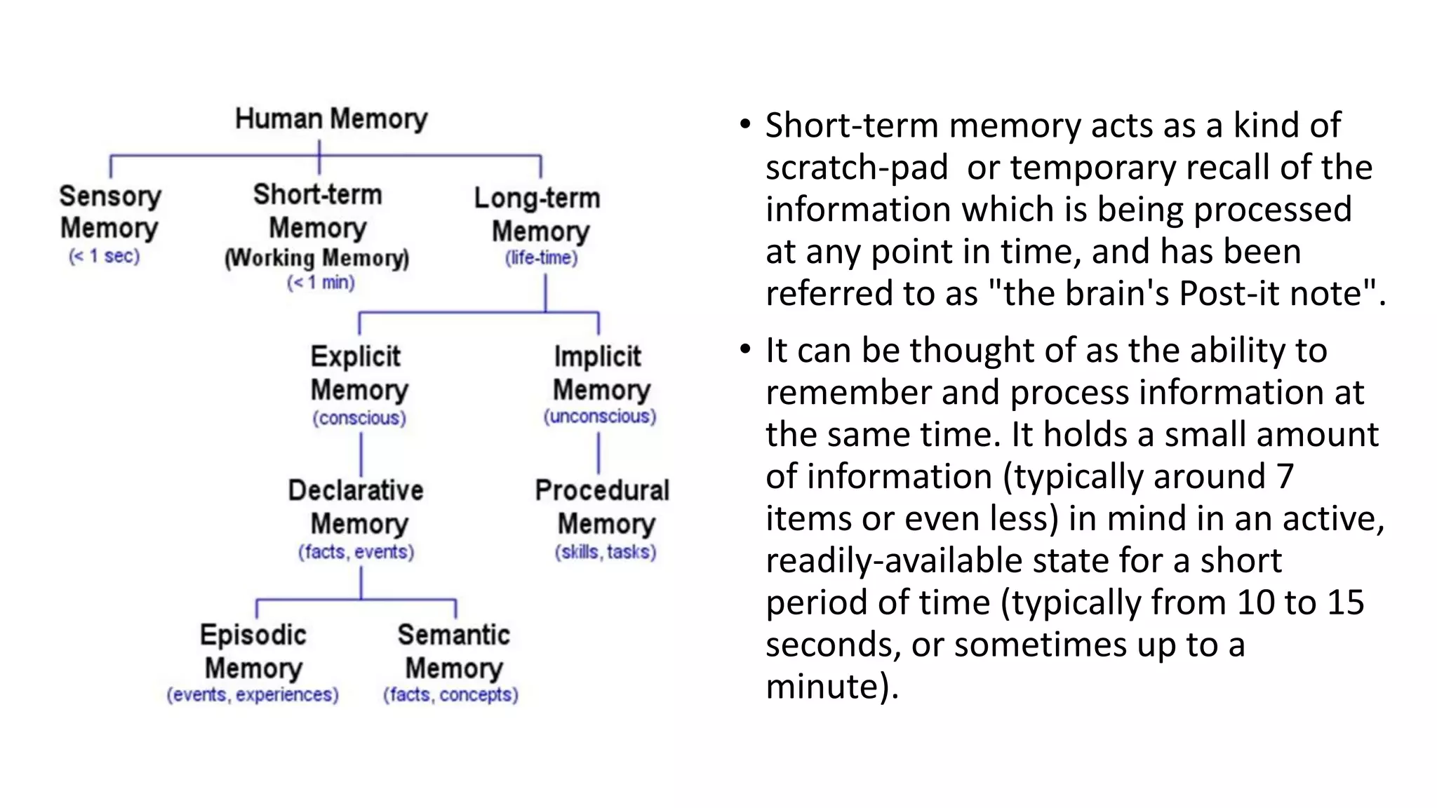 • Short-term memory acts as a kind of
scratch-pad or temporary recall of the
information which is being processed
at any point in time, and has been
referred to as "the brain's Post-it note".
• It can be thought of as the ability to
remember and process information at
the same time. It holds a small amount
of information (typically around 7
items or even less) in mind in an active,
readily-available state for a short
period of time (typically from 10 to 15
seconds, or sometimes up to a
minute).
 