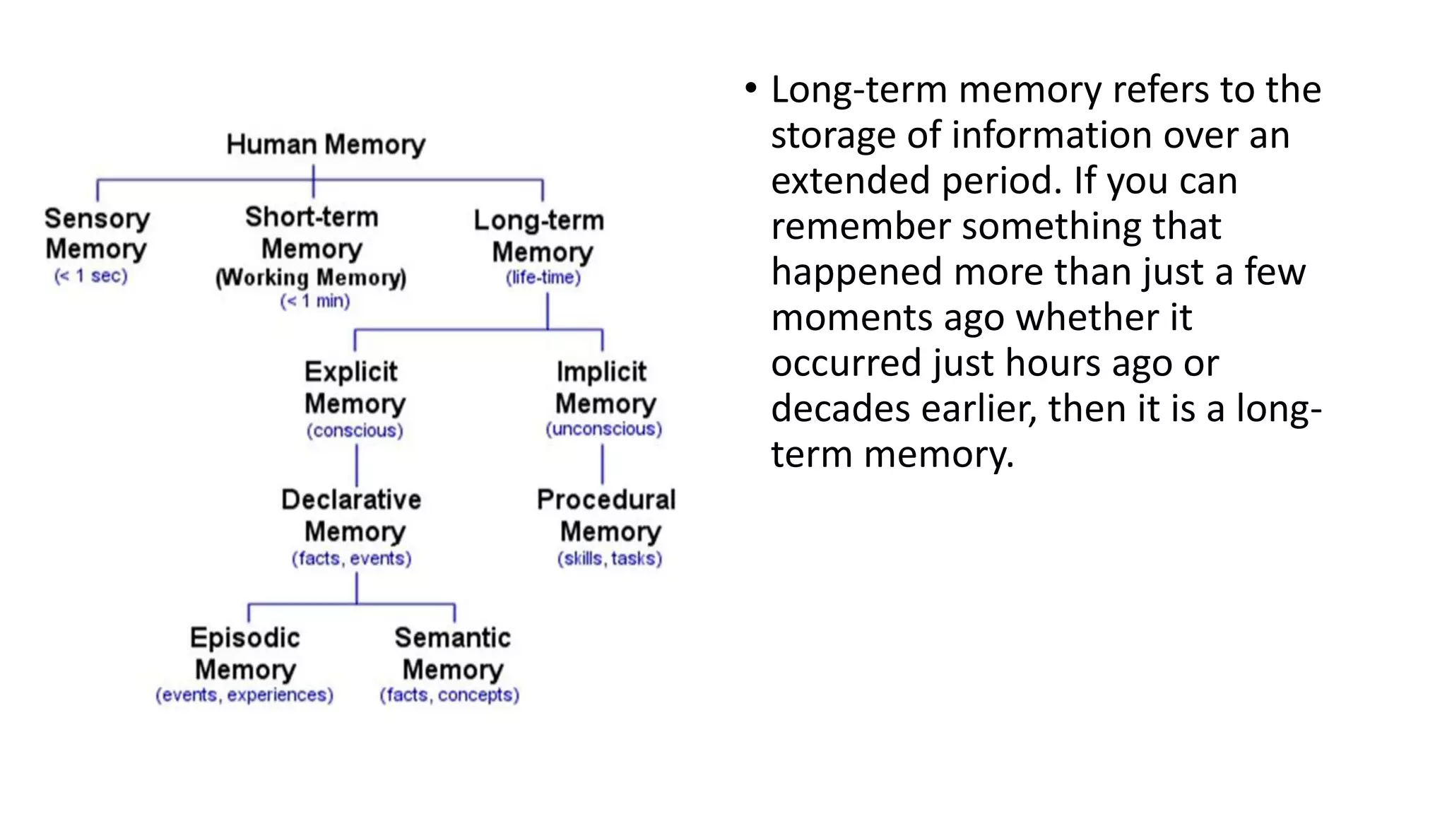 • Long-term memory refers to the
storage of information over an
extended period. If you can
remember something that
happened more than just a few
moments ago whether it
occurred just hours ago or
decades earlier, then it is a long-
term memory.
 