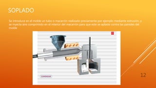 SOPLADO
12
Se introduce en el molde un tubo o macarrón realizado previamente por ejemplo mediante extrusión, y
se inyecta aire comprimido en el interior del macarrón para que este se aplaste contra las paredes del
molde
 