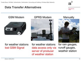 Data Transfer Alternatives
GSM Modem
for weather stations
lost GSM Signal
GPRS Modem
for weather stations
data access only via
server of producer
of weather station
Manually
for rain gauges,
runoff gauges,
weather station
Zürich, 26.06.2012 15
Torsten Braun: A4-Mesh: Authentication, Authorization, Accounting and Auditing in Wireless Mesh Networks
 