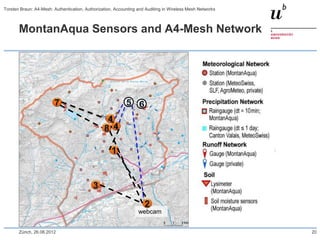 MontanAqua Sensors and A4-Mesh Network
webcam
Zürich, 26.06.2012 20
Torsten Braun: A4-Mesh: Authentication, Authorization, Accounting and Auditing in Wireless Mesh Networks
 