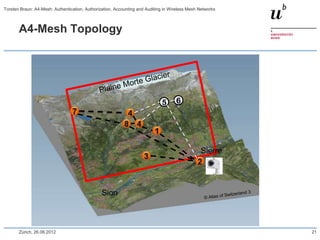 A4-Mesh Topology
Sion
Sierre
Zürich, 26.06.2012 21
Torsten Braun: A4-Mesh: Authentication, Authorization, Accounting and Auditing in Wireless Mesh Networks
 