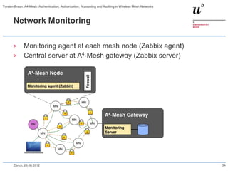 Network Monitoring
> Monitoring agent at each mesh node (Zabbix agent)
> Central server at A4-Mesh gateway (Zabbix server)
Zürich, 26.06.2012 34
Torsten Braun: A4-Mesh: Authentication, Authorization, Accounting and Auditing in Wireless Mesh Networks
 