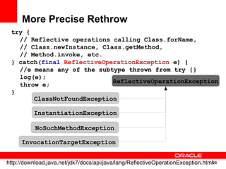 More Precise Rethrow
 try {
   // Reflective operations calling Class.forName,
   // Class.newInstance, Class.getMethod,
   // Method.invoke, etc.
 } catch(final ReflectiveOperationException e) {
   //e means any of the subtype thrown from try {}
   log(e);
                            ReflectiveOperationException
   throw e;
 }
       ClassNotFoundException

          InstantiationException

           NoSuchMethodException

     InvocationTargetException


http://download.java.net/jdk7/docs/api/java/lang/ReflectiveOperationException.html23
                                                                                  23
 