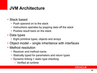 JVM Architecture

• Stack based
  • Push operand on to the stack
  • Instructions operates by popping data off the stack
  • Pushes result back on the stack
• Data types
  • Eight primitive types, objects and arrays
• Object model – single inheritance with interfaces
• Method resolution
  • Receiver and method name
  • Statically typed for parameters and return types
  • Dynamic linking + static type checking
     • Verified at runtime

                                                          26
                                                          26
 