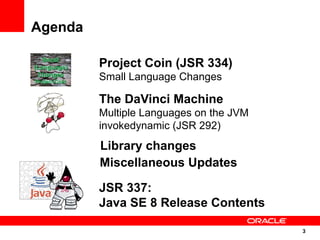 Agenda

   Small
(Language)     Project Coin (JSR 334)
 Changes
Project Coin
               Small Language Changes

               The DaVinci Machine
               Multiple Languages on the JVM
               invokedynamic (JSR 292)
               Library changes
               Miscellaneous Updates

               JSR 337:
               Java SE 8 Release Contents

                                               3
                                               3
 