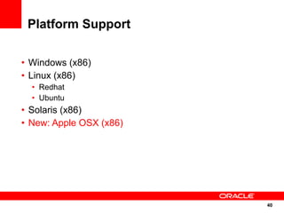 Platform Support

• Windows (x86)
• Linux (x86)
  • Redhat
  • Ubuntu
• Solaris (x86)
• New: Apple OSX (x86)




                         40
                         40
 