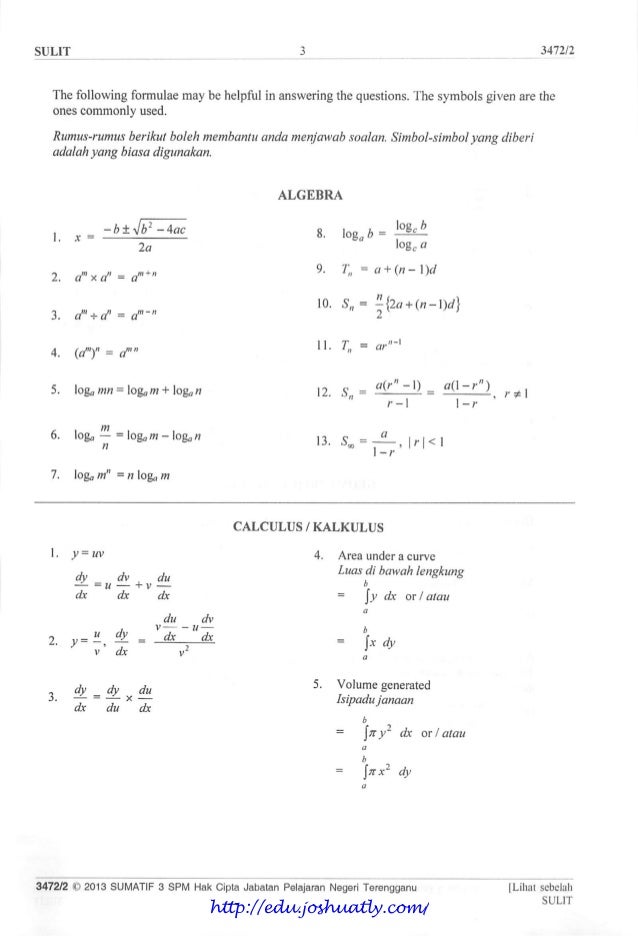 Soalan Matematik Rumus Algebra - Terengganu q