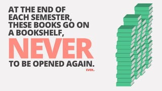 AT THE END OF
EACH SEMESTER,
THESE BOOKS GO ON
A BOOKSHELF,
NEVERTO BE OPENED AGAIN.
EVER.
 