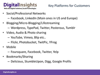 Key Platforms for CustomersSocial/Professional NetworksFacebook, LinkedIn (Main ones in US and Europe)Blogging/Micro-Blogging/LifestreamingWordpress, TypePad, Twitter, Posterous, TumblrVideo, Audio & Photo sharingYouTube, Vimeo, Blip etc.. Flickr, Photobucket, TwitPic, YFrogMobileFoursquare, Facebook, Twitter, Yelp Bookmarks/SharingDelicious, StumbleUpon, Digg, Google Profils