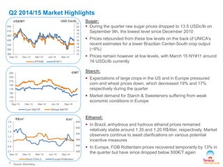 Sugar: 
 During the quarter raw sugar prices dropped to 13.5 USDc/lb on 
September 9th, the lowest level since December 2010 
 Prices rebounded from these low levels on the back of UNICA’s 
recent estimates for a lower Brazilian Center-South crop output 
(~9%) 
 Prices remain however at low levels, with March 15 NY#11 around 
16 USDc/lb currently 
Starch: 
 Expectations of large crops in the US and in Europe pressured 
corn and wheat prices down, which decreased 19% and 17% 
respectively during the quarter 
 Market demand for Starch & Sweeteners suffering from weak 
economic conditions in Europe 
Ethanol: 
 In Brazil, anhydrous and hydrous ethanol prices remained 
relatively stable around 1.35 and 1.20 R$/liter, respectively. Market 
observers continue to await clarifications on various potential 
incentive measures 
 In Europe, FOB Rotterdam prices recovered temporarily by 13% in 
the quarter but have since dropped below 500€/T again 
3 
Source: Bloomberg 
Q2 2014/15 Market Highlights 
12 
13 
14 
15 
16 
17 
18 
19 
20 
21 
360 
390 
420 
450 
480 
510 
540 
Sep-13 Dec-13 Mar-14 Jun-14 Sep-14 
LIFFE#5 NY#11 
US$/MT US$ Cts/lb 
110 
130 
150 
170 
190 
210 
230 
250 
Sep-13 Dec-13 Mar-14 Jun-14 Sep-14 
Corn MATIF Wheat MATIF 
€/MT 
400 
450 
500 
550 
600 
650 
0,7 
0,9 
1,1 
1,3 
1,5 
1,7 
1,9 
Sep-13 Dec-13 Mar-14 Jun-14 Sep-14 
Brazil ESALQ Europe Rotterdam 
R$/m³ €/m³ 
 
