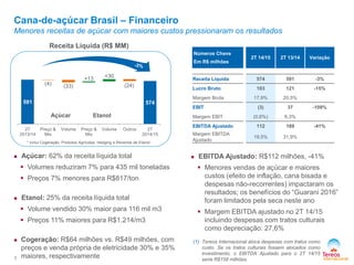 Cana-de-açúcar Brasil – Financeiro 
Menores receitas de açúcar com maiores custos pressionaram os resultados 
* inclui Cogeração, Produtos Agrícolas, Hedging e Revenda de Etanol 
7 
(1) Tereos Internacional aloca despesas com tratos como 
custo. Se os tratos culturais fossem alocados como 
investimento, o EBITDA Ajustado para o 2T 14/15 
seria R$158 milhões. 
Receita Líquida (R$ MM) 
Açúcar Etanol 
 Açúcar: 62% da receita líquida total 
 Volumes reduziram 7% para 435 mil toneladas 
 Preços 7% menores para R$817/ton 
 Etanol: 25% da receita líquida total 
 Volume vendido 30% maior para 116 mil m3 
 Preços 11% maiores para R$1.214/m3 
 Cogeração: R$64 milhões vs. R$49 milhões, com 
preços e venda própria de eletricidade 30% e 35% 
maiores, respectivamente 
 EBITDA Ajustado: R$112 milhões, -41% 
 Menores vendas de açúcar e maiores 
custos (efeito de inflação, cana bisada e 
despesas não-recorrentes) impactaram os 
resultados; os benefícios do “Guarani 2016” 
foram limitados pela seca neste ano 
 Margem EBITDA ajustado no 2T 14/15 
incluindo despesas com tratos culturais 
como depreciação: 27,6% 
Números Chave 
Em R$ milhões 
2T 14/15 2T 13/14 Variação 
Receita Líquida 574 591 -3% 
Lucro Bruto 103 121 -15% 
Margem Bruta 17,9% 20,5% 
EBIT (3) 37 -109% 
Margem EBIT (0,6%) 6,3% 
EBITDA Ajustado 112 189 -41% 
Margem EBITDA 
Ajustado 
19,5% 31,9% 
591 574 
(4) (33) 
+13 +30 
(24) 
2T 
2013/14 
Preço & 
Mix 
Volume Preço & 
Mix 
Volume Outros 2T 
2014/15 
 