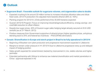  Sugarcane Brazil : Favorable outlook for sugarcane volumes, and cogeneration sales to double
 Expected crushing to be around 20 million tonnes to increase industrial utilization rates and dilute
fixed costs; 2013/14 production mix adjusted more towards ethanol (36% to ~40%)
 Planting program for 2013/14: 2/3rds performed of the 30,000 hectares expected
 Guarani 2015/16 Program: Focus on improving industrial/agricultural efficiency, energy savings and
cost/G&A reduction to offset inflation
 Despite low sugar prices, 40% of Guarani sugar sales hedging target already secured at 20.6 USD
cents/lb (as at 31st March, 2013)
 Positive measures from Government supportive of ethanol prices (higher gasoline prices, anhydrous
blending back to 25% and federal tax incentives - PIS/COFINS elimination)
 Cereals: Diversification in Europe and starch project in Brazil to be fully operational in 2013/14
 Beginning of Brazilian corn plant production and progressive improvement expected in Lillebonne
 Margins to remain under pressure in H1 2013/14 due to Lillebonne progressive ramp up and delayed
impact of hedging position
 Sales growth expected for cereal division backed by improvement in mix, stable volumes and higher
perimeter
 Extended partnership with Wilmar to enhance raw material diversification and market penetration in
China - approval expected in H2
18
Outlook6
 