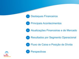1. Destaques Financeiros
2. Principais Acontecimentos
3. Atualizações Financeiras e de Mercado
4. Resultados por Segmento Operacional
4. Fluxo de Caixa e Posição de Dívida
5. Perspectivas
2
3
4
5
6
1
 