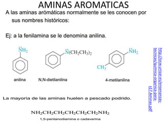 http://ocw.unizar.es/ensenanzas-
                    tecnicas/quimica-organica-para-
                    ingenieros/temas/Tema17.Aminas.pdf
AMINAS AROMATICAS
 