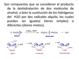 Son compuestos que se consideran el producto
  de la deshidratación de dos moléculas de
  alcohol, o bien la sustitución de los hidrógenos
  del H2O por dos radicales alquilo, los cuales
  pueden ser iguales( éteres simples) o
  diferentes (éteres mixtos).
 