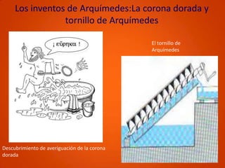 Los inventos de Arquímedes:La corona dorada y tornillo de ArquímedesEl tornillo de ArquímedesDescubrimiento de averiguación de la corona dorada