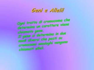Geni e Alleli!Ogni tratto di cromosoma che determina un carattere viene chiamato gene.Il gene si determina in due modi diversi che posti su cromosomi omologhi vengono chiamati alleli.