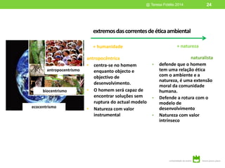 ecocentrismo
biocentrismo
extremosdascorrentesdeéticaambiental
naturalista
• defende que o homem
tem uma relação ética
com o ambiente e a
natureza, é uma extensão
moral da comunidade
humana.
• Defende a rotura com o
modelo de
desenvolvimento
• Natureza com valor
intrínseco
@ Teresa Fidélis 2014 24
antropocêntrica
• centra-se no homem
enquanto objecto e
objectivo de
desenvolvimento.
• O homem será capaz de
encontrar soluções sem
ruptura do actual modelo
• Natureza com valor
instrumental
+ humanidade + natureza
antropocentrismo
 