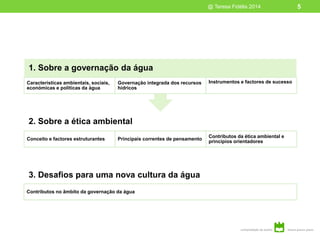 @ Teresa Fidélis 2014 5
3. Desafios para uma nova cultura da água
Contributos no âmbito da governação da água
2. Sobre a ética ambiental
Conceito e factores estruturantes Principais correntes de pensamento
Contributos da ética ambiental e
princípios orientadores
1. Sobre a governação da água
Características ambientais, sociais,
económicas e politicas da água
Governação integrada dos recursos
hídricos
Instrumentos e factores de sucesso
 