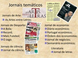 Jornais temáticos

 Jornais de Arte:
   As Artes entre Letras;
Jornais de Desporto:        Jornal de economia:
  A Bola;                     Diário económico;
  Record;                     Portugal económico;
  Mais Futebol;               Ordem dos economistas;
  O Jogo.                     Jornal de negócios;
                              Semanário económico;
Jornais de ciência:
                                Literatura:
  Jornal da ciência;
                                  Jornal de letras
 