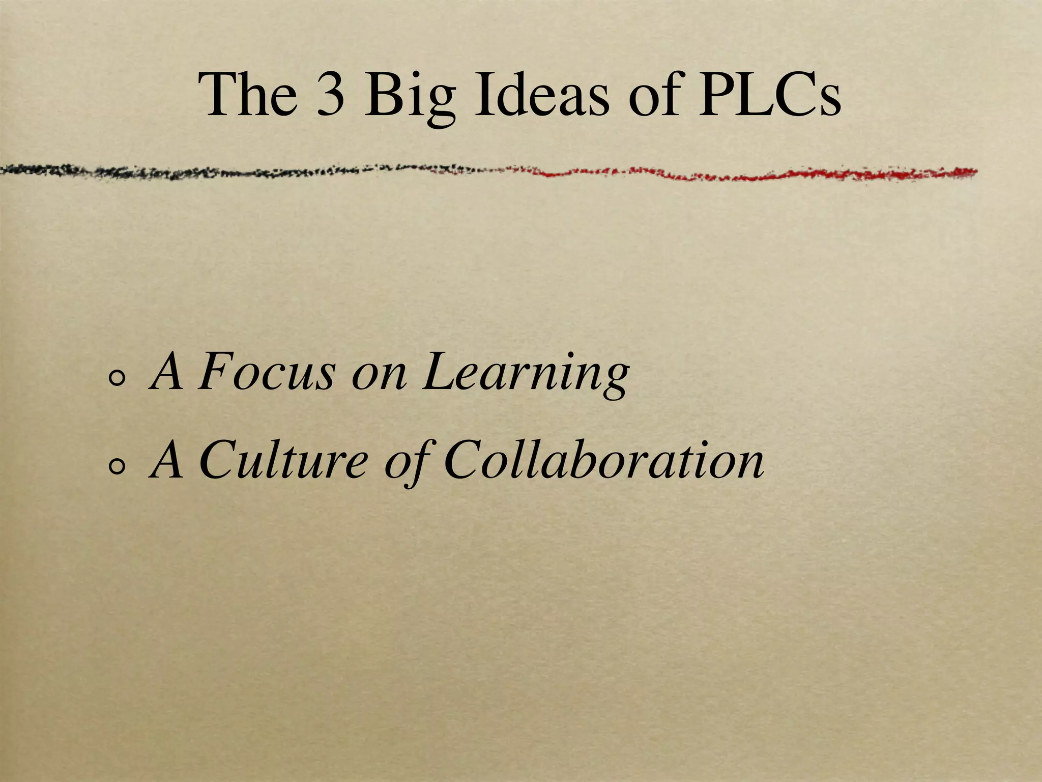 The 3 Big Ideas of PLCs



A Focus on Learning
A Culture of Collaboration
 