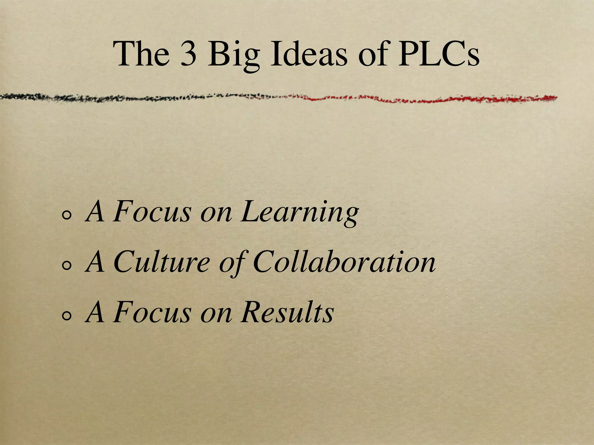 The 3 Big Ideas of PLCs



A Focus on Learning
A Culture of Collaboration
A Focus on Results
 