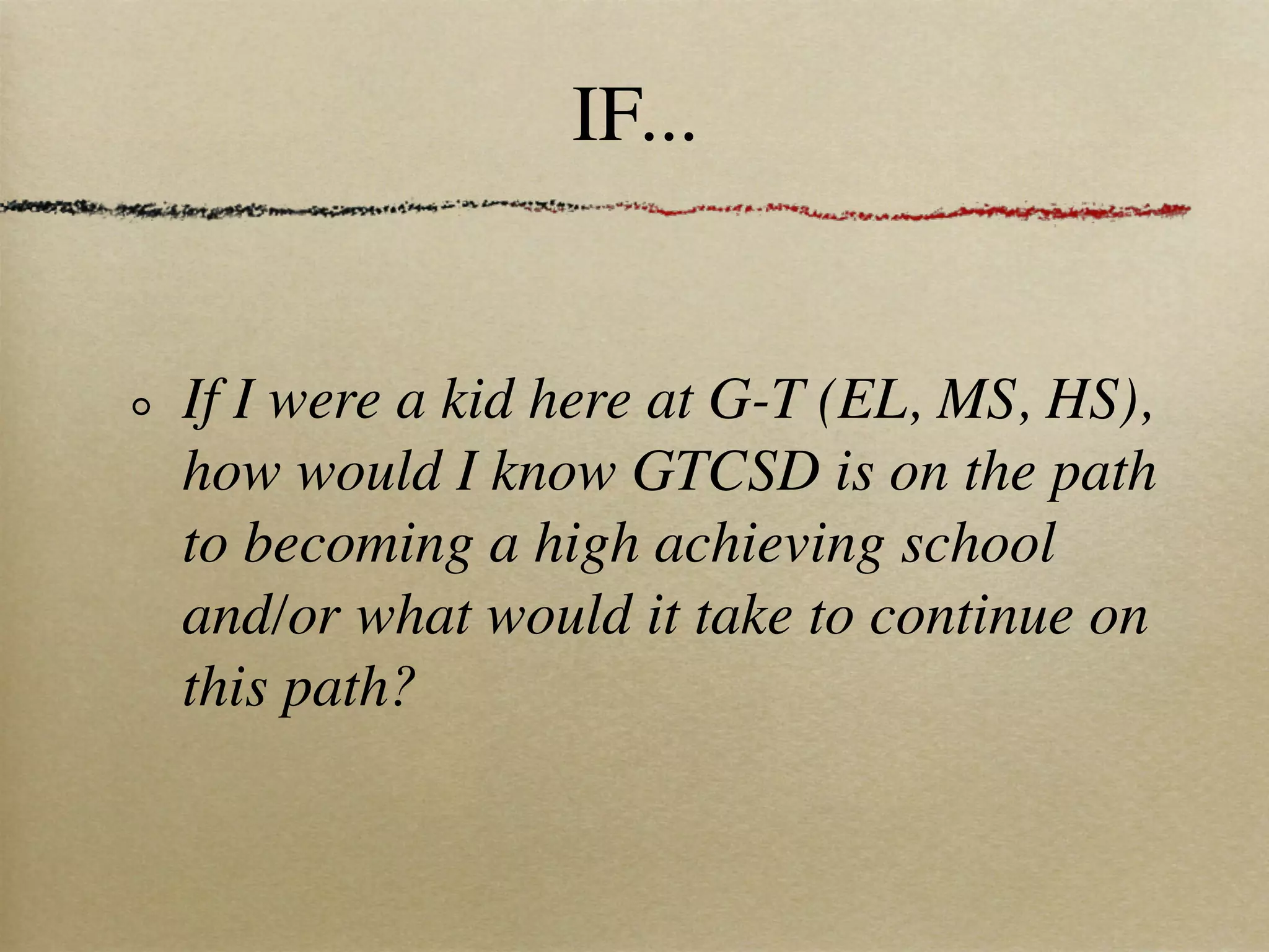 IF...


If I were a kid here at G-T (EL, MS, HS),
how would I know GTCSD is on the path
to becoming a high achieving school
and/or what would it take to continue on
this path?
 