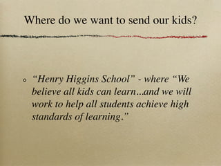 Where do we want to send our kids?



 “Henry Higgins School” - where “We
 believe all kids can learn...and we will
 work to help all students achieve high
 standards of learning.”
 