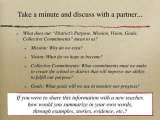 Take a minute and discuss with a partner...

  What does our “District’s Purpose, Mission, Vision, Goals,
  Collective Commitments” mean to us?
      Mission: Why do we exist?
      Vision: What do we hope to become?
      Collective Commitments: What commitments must we make
      to create the school or district that will improve our ability
      to fulﬁll our purpose?
      Goals: What goals will we use to monitor our progress?

If you were to share this information with a new teacher,
     how would you summarize in your own words,
        through examples, stories, evidence, etc.?
 