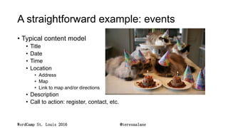 A straightforward example: events
• Typical content model
• Title
• Date
• Time
• Location
• Address
• Map
• Link to map a...
