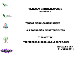 TEBAEV «HUILOAPAN» 30ETH0310Z TERESA MORALES HERNANDEZ LA PRODUCCIÒN DE DETERGENTES 6º SEMESTRE HTTP//TERESA-BIOLOGIA2.BLOGSPOT.COM NOGALES VER  01-JULIO-2011 