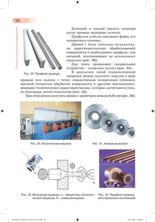 24 
Основы материаловедения 
Äëèííûé è òîíêèé (ìàëîãî ñå÷åíèÿ) 
êóñîê ïðîâîäà íàçûâàþò íèòêîé. 
Ïðîôèëåì èçäåëèÿ íàçûâàþò ôîðìó åãî 
ïîïåðå÷íîãî ñå÷åíèÿ. 
Ïðîâîä ñ áîëåå òî÷íûìè òåõíè÷åñêè-ìè 
õàðàêòåðèñòèêàìè îáðàáàòûâàåìîé 
ïîâåðõíîñòè è íåîáõîäèìîãî ïðîôèëÿ, ÷åì 
êàòàíûé, èçãîòàâëèâàþò íà âîëî÷èëüíûõ 
ìàøèíàõ (ðèñ. 30). 
Äëÿ ýòîãî ïðèìåíÿþò ñïåöèàëüíûå 
óñòðîéñòâà – àëìàçíûå âîëîêè (ðèñ. 31). 
Â ðåçóëüòàòå òàêîé òåõíîëîãè÷åñêîé 
îïåðàöèè ìîæíî ïîëó÷èòü èçäåëèå â âèäå 
ïðîâîäà èëè ïîëîñû ñ òî÷íî îïðåäåëæííûì ïîïåðå÷íûì ñå÷åíèåì, 
âûñîêîé òî÷íîñòüþ îáðàáîòêè ïîâåðõíîñòè è äðóãèìè âûñîêîêà÷åñò-âåííûìè 
òåõíè÷åñêèìè õàðàêòåðèñòèêàìè, êîòîðûå äîñòèãàþòñÿ òîëü-êî 
áëàãîäàðÿ òàêîé òåõíîëîãèè (ðèñ. 32). 
Ïðè ýòîì ìîæíî ïîëó÷èòü ïðîâîä ñ äèàìåòðîì ìåíüøå 0,01 ìì (ðèñ. 33). 
Рис. 30. Волочильная машина Рис. 31. Алмазные волоки 
Рис. 33. Профили провода, 
изготовленного волочением 
а 
Рис. 32. Волочение провода: а – общий вид технологи- 
ческой операции; б – схема волочения 
б 
Рис. 29. Профили провода 
Tereschuk_Trud_P_6.ru_(027-14)_V.indd 24 15.07.2014 13:04:28 
 