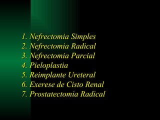 Nefrectomia Simples Nefrectomia Radical Nefrectomia Parcial Pieloplastia Reimplante Ureteral Exerese de Cisto Renal Prostatectomia Radical 