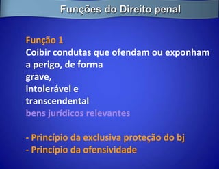 Funções do Direito penal


Função 1
Coibir condutas que ofendam ou exponham
a perigo, de forma
grave,
intolerável e
transcendental
bens jurídicos relevantes

- Princípio da exclusiva proteção do bj
- Princípio da ofensividade
 