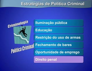 Estratégias de Política Criminal



       Iluminação pública

       Educação

       Restrição do uso de armas

       Fechamento de bares

       Oportunidade de emprego

       Direito penal
 