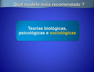 Qual modelo mais recomendado ?




      Teorias biológicas,
  psicológicas e sociológicas
 