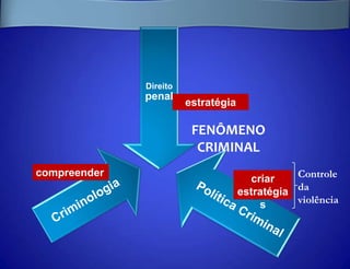 Direito
              penal
                        estratégia

                         FENÔMENO
                          CRIMINAL
compreender
                                       criar    Controle
                                     estratégia da
                                         s      violência
 