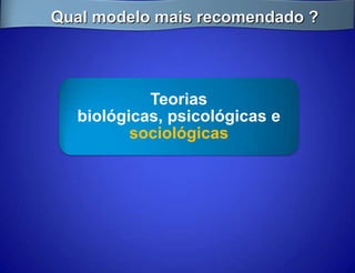 Qual modelo mais recomendado ?




           Teorias
  biológicas, psicológicas e
         sociológicas
 