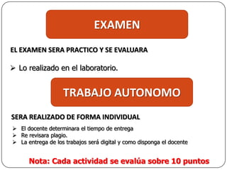 EXAMEN
EL EXAMEN SERA PRACTICO Y SE EVALUARA
 Lo realizado en el laboratorio.
Nota: Cada actividad se evalúa sobre 10 puntos
TRABAJO AUTONOMO
SERA REALIZADO DE FORMA INDIVIDUAL
 El docente determinara el tiempo de entrega
 Re revisara plagio.
 La entrega de los trabajos será digital y como disponga el docente
 