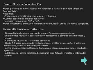 11
Desarrollo de la Comunicación.
• Gran parte de los niños autistas no aprenden a hablar o su habla carece de
Funcionalidad.
• Ecolalias.
• Confusiones gramaticales y frases estereotipadas.
• Control débil de los órganos fonatorios.
• Inversión pronombres “tú” y “yo”.
• Gran importancia detección temprana y estimulación desde la infancia temprana.
Desarrollo Emocional y Afectivo..
• Desarrollo tardío de conductas de apego. Elevado apego a objetos.
• Inicialmente rechazo al contacto físico, resistencia a cambios en ambientes y
rutinas.
• Conductas ritualistas → acciones obsesivas.
• Hasta 6-7 años ausencia de contacto visual, problemas de sueño, trastornos
alimenticios, rabietas, no control esfínteres.
• Antes adolescencia: indiferencia hacia otros, rituales más marcados, conductas
agresivas.
• Adolescencia: cierta estabilidad emocional pero falta de empatía y habilidades
sociales.
 